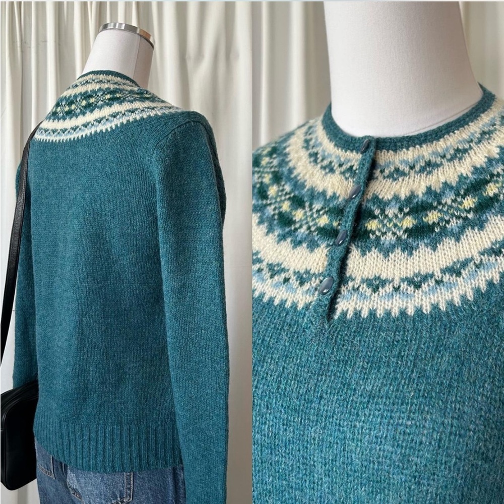 Vintage 1980s Susan Bristol Pure Shetland Wool Fair Isle sweater in teal. - Picture 7 of 8